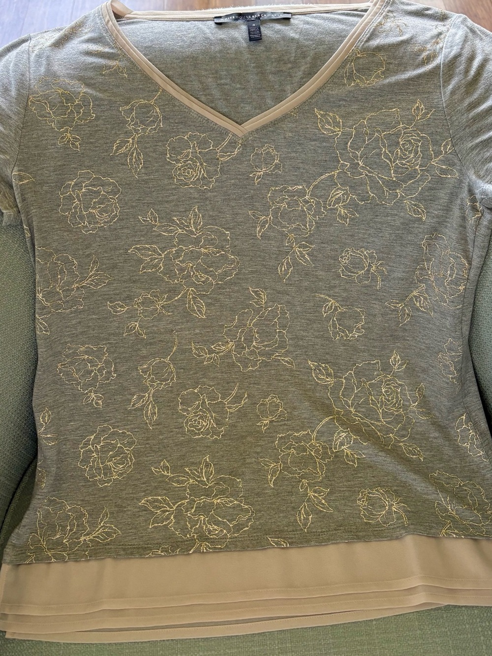 White House Black Market Silvery Gray V-Neck Top with Beige Trim